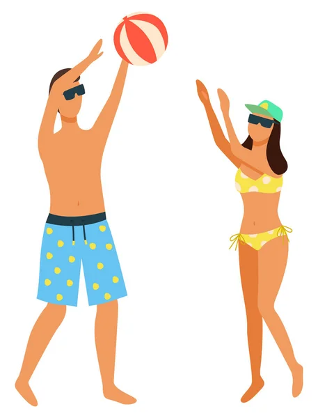 Casal jogando vôlei de praia isolado no branco —  Vetores de Stock