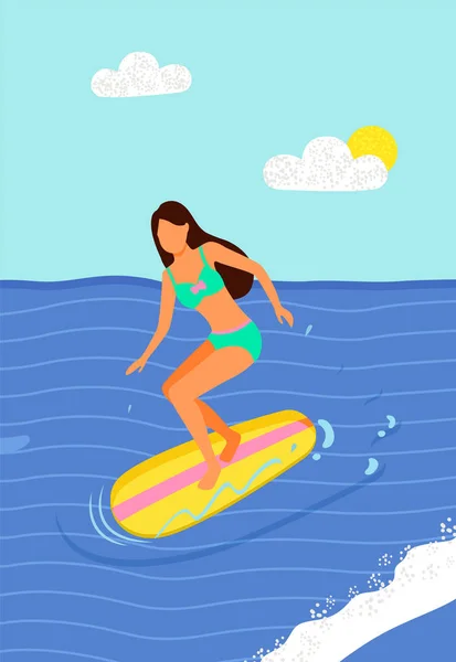 Surferin reitet an Bord in See oder Ozean — Stockvektor