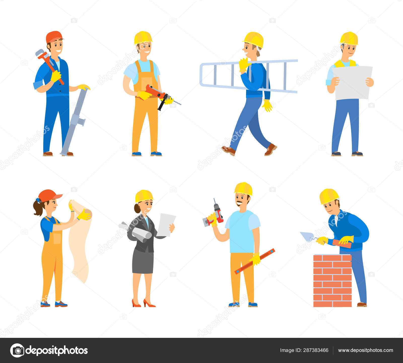Ingeniører og bygherrer med værktøjer og instrumenter Stockvektor af  ©robuart 287383466, image size:1600x1443
