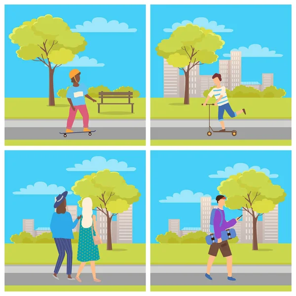 Skateboard Jeunes et personnes marchant dans le parc — Image vectorielle