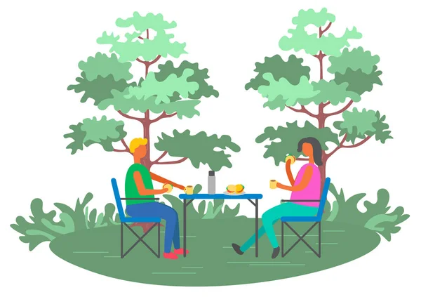 Menschen Picknick in der Nähe von Bäumen, Freizeit Outdoor-Vektor — Stockvektor