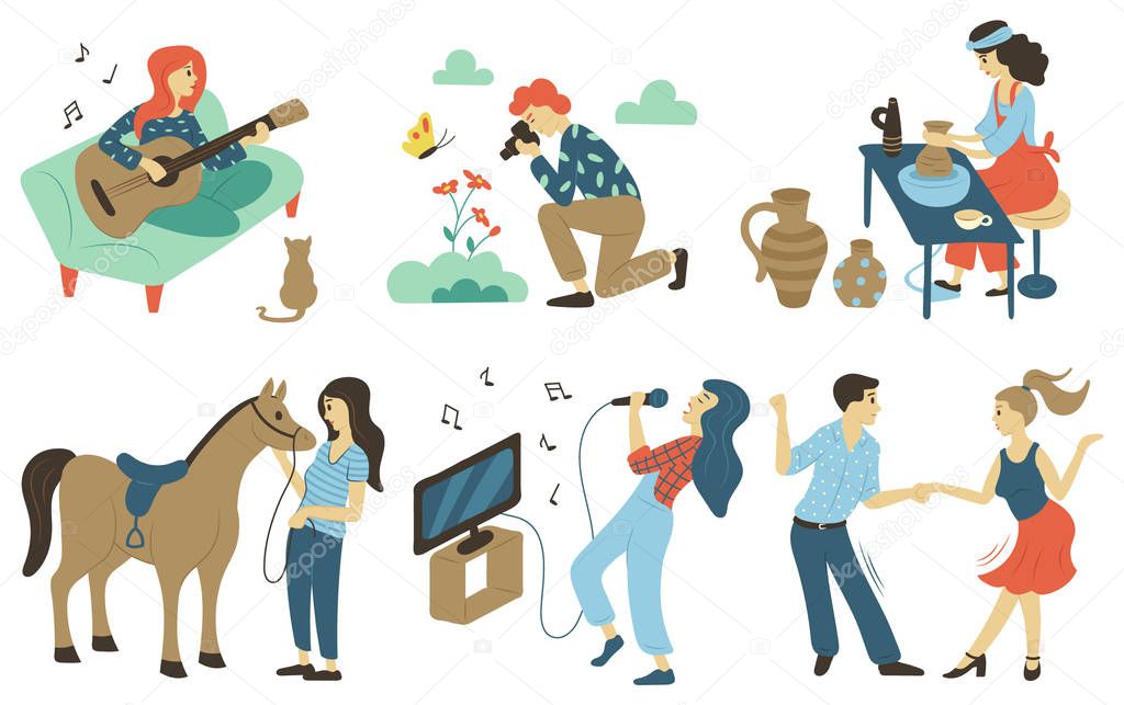 photography hobby vector playing guitar and singing songs at karaoke woman and man dancing at disco pottery making pots from clay horse equestrian premium vector in adobe illustrator ai ai photography hobby vector playing