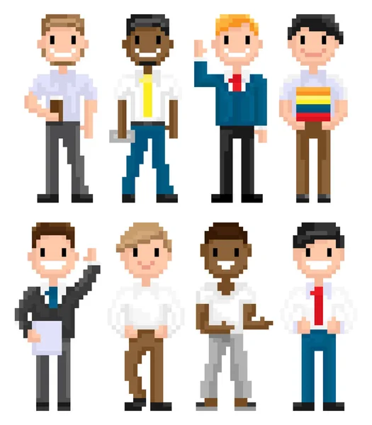 Pixel People Uomo con Documento, Personaggi Sorridenti — Vettoriale Stock