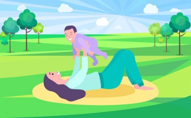 Mat Vector'da Parkta Bebekle Oynayan Anne