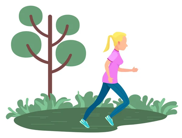 Fille courir dans Green Park, Arbre et Herbe Isolé — Image vectorielle