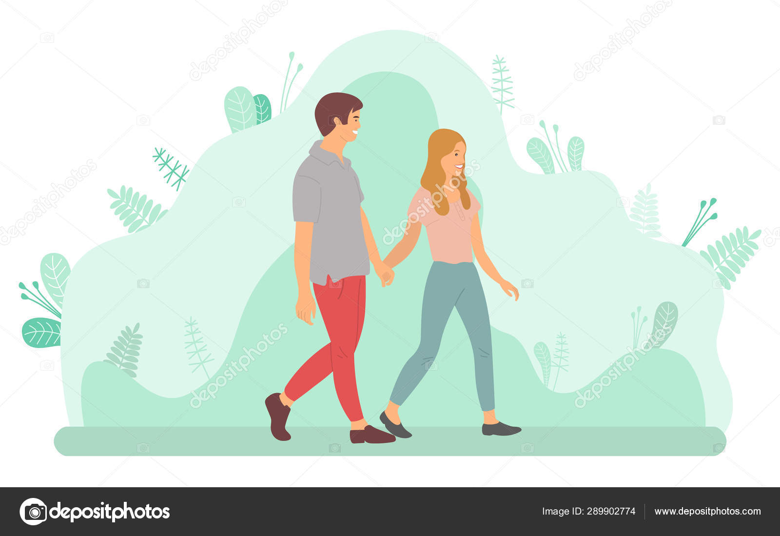 Pareja joven caminando y sosteniendo las manos Vector Vector de stock  #289902774 de ©robuart, image size:1600x1099
