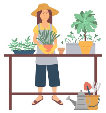 Bahçe hobi, repotting bitki, yeşil vektör