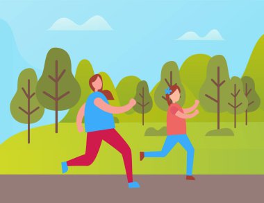 Yeşil Park vektör anne ve kızı jogging