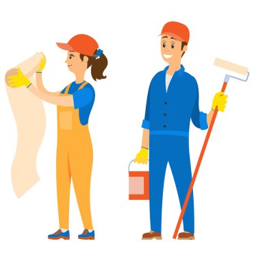 İnsanlar tamir servisi, adam boya kova ile