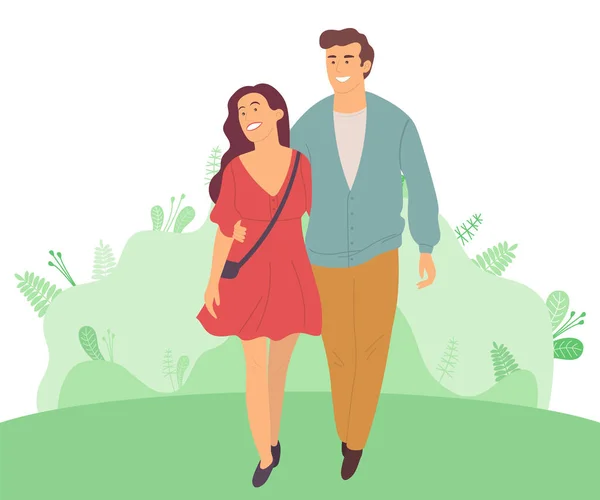 微笑的男人和女人在绿叶上幸福的情侣 — 图库矢量图片