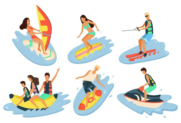 Diversión acuática Personas junto al mar, Windsurf y Jet — Vector de stock