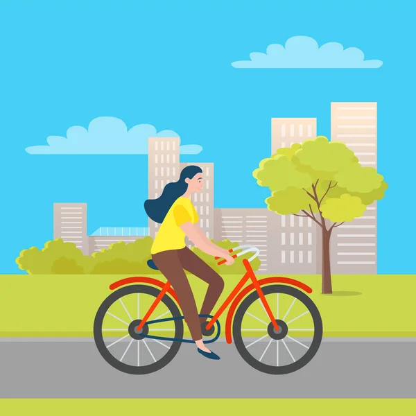 Mujer montando en bicicleta en Green City Park, Árboles — Vector de stock