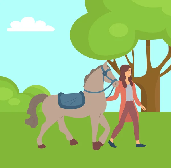 Женщина и лошадь на природе, в парке или на ферме — стоковый вектор