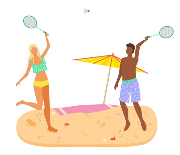 Badminton spel op strand man en vrouw in zwemkleding — Stockvector