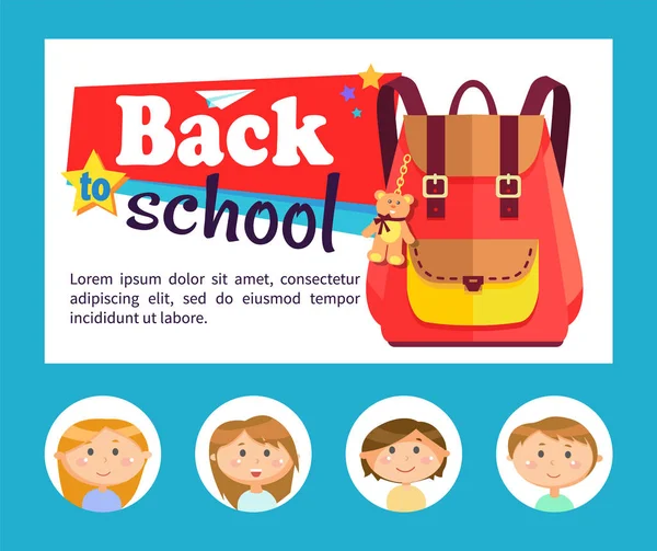 Bannière de retour à l'école, sac à dos et élèves Avatars — Image vectorielle