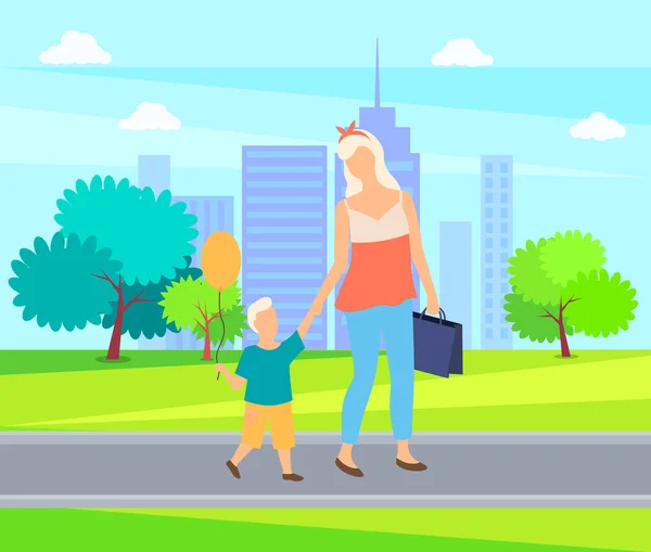 Mother and Child Cartoon People Walk in City Park