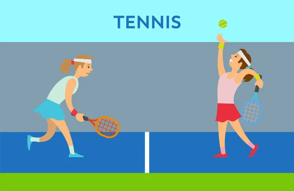 Personagem de mulheres jogando tênis, vetor de prática —  Vetores de Stock