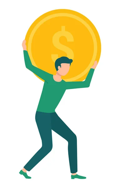 Hombre llevando moneda dorada con dólar Regístrate atrás — Vector de stock