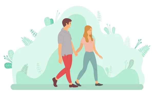 Jeune couple marchant et tenant les mains vecteur — Image vectorielle