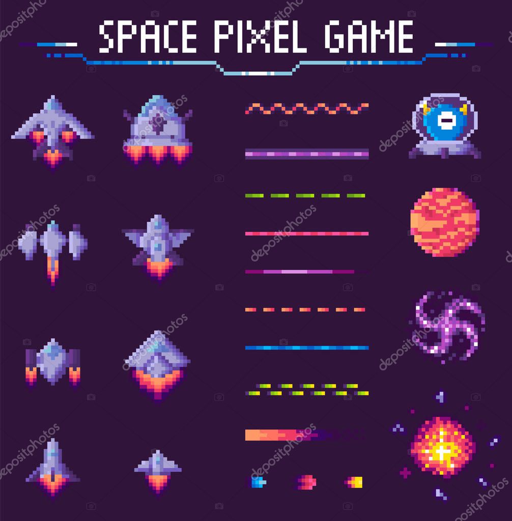 Space pixel game vector, graphics of 8 bit graphics, set of spaceships and planets icons, decorative lines and alien, black hole globe and meteor, pixelated cosmic objects for mobile app games