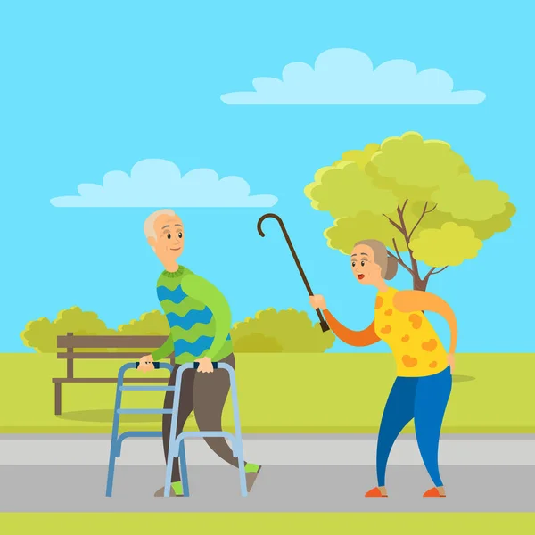 Aged People Walking in Park, Pensioner Vector — Stock Vector