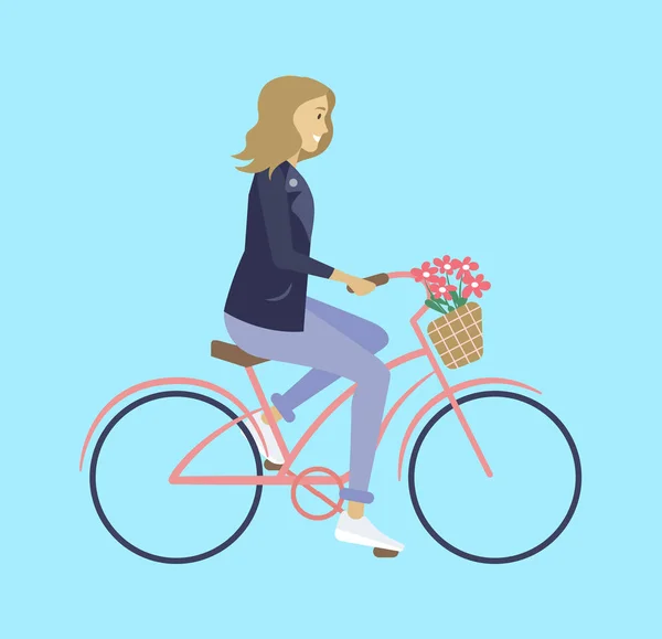 花と自転車に乗る女の子, バイキングベクトル — ストックベクタ