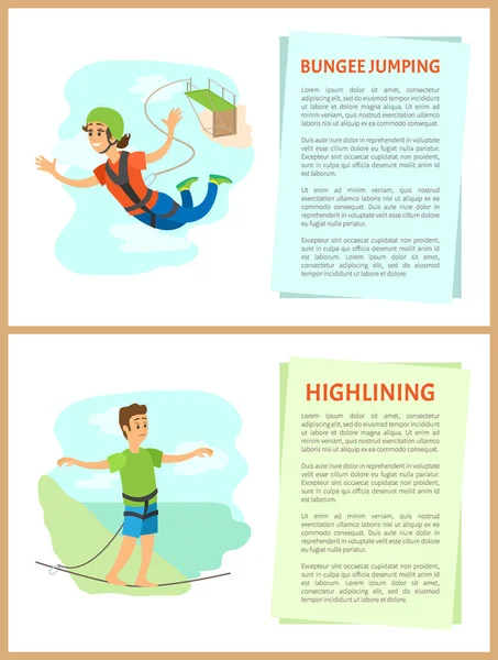 Bungee Jumping and Highlining Man and Woman Set — Stock Vector