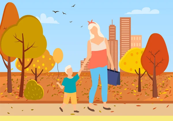Madre e hijo pequeño paseo ciudad parque árboles de otoño — Vector de stock