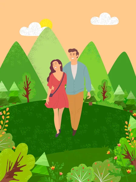 Casal Homem e mulher andando na floresta entre árvores — Vetor de Stock