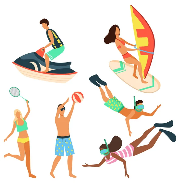 Relajación de verano de las personas Windsurfers Set — Vector de stock