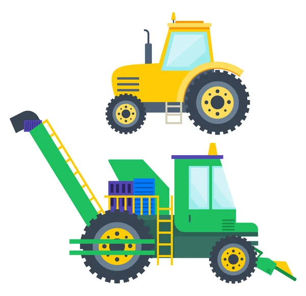 Tractor de maquinaria agrícola y conjunto de cosechadoras — Vector de stock