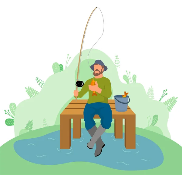 Homem Fisher sentado no cais de pesca Rod e cesta —  Vetores de Stock
