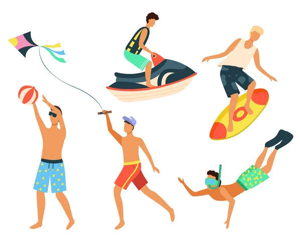 Summer People Relaxing by Seaside, Water Fun Set — Stock Vector