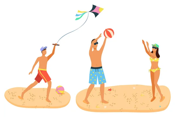 Freizeitaktivitäten im Sommer auf Sand Mann und Frau — Stockvektor