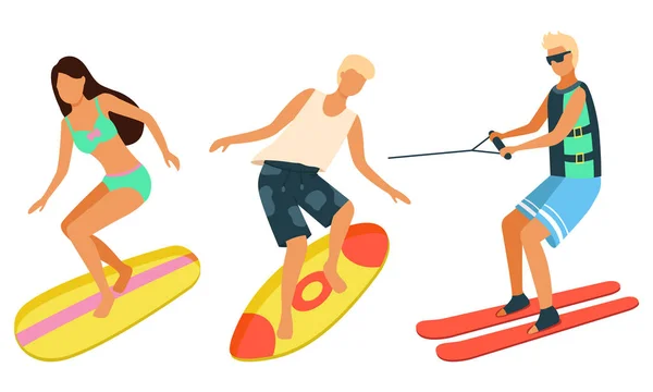 Actividades en la playa, Hombre y mujer en tablas de surf — Vector de stock