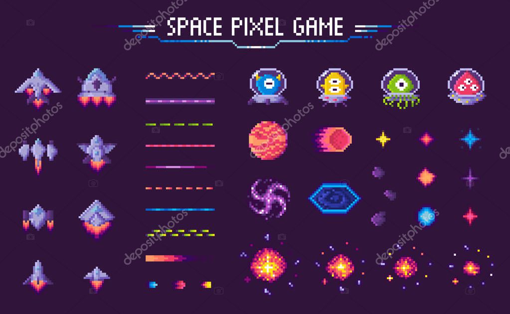 Space pixel game vector, isolated icons of 8 bit graphics, lines and planets, meteors with aliens and monsters, decorative elements of gaming process, pixelated cosmic object for mobile app games