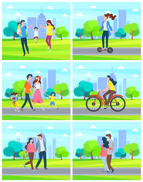 Ciudad Parque Gente Caminando en Ciudad Parejas y Jóvenes — Vector de stock