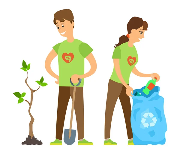 Εθελοντές άνθρωπος και γυναίκα, σκουπίδια και διάνυσμα δέντρου — Διανυσματικό Αρχείο