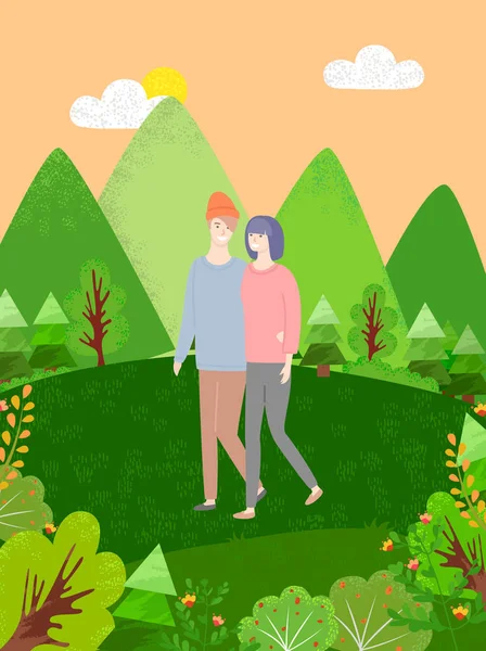 Gente de dibujos animados en caminata casual juntos en el bosque — Vector de stock