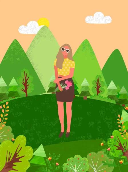 Νεαρό κορίτσι στα γυαλιά ηλίου με τα πόδια στο δάσος, δέντρα — Διανυσματικό Αρχείο