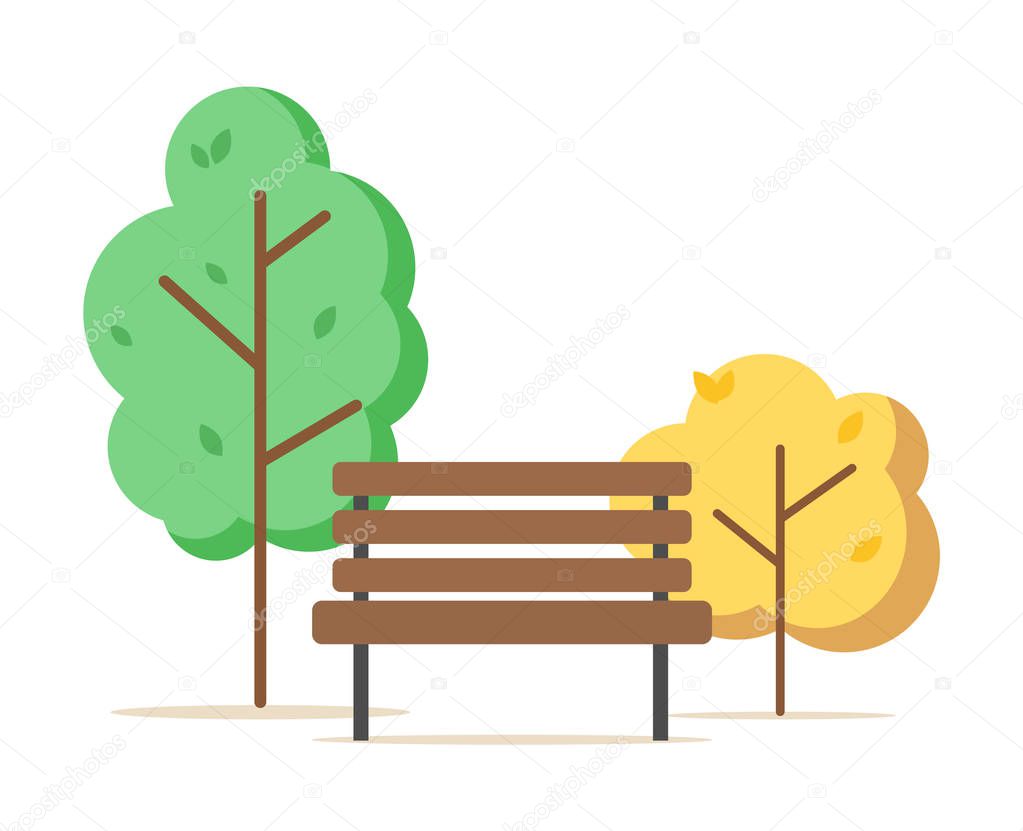 Autumn Bush and Spring Tree, Bench in Park Vector