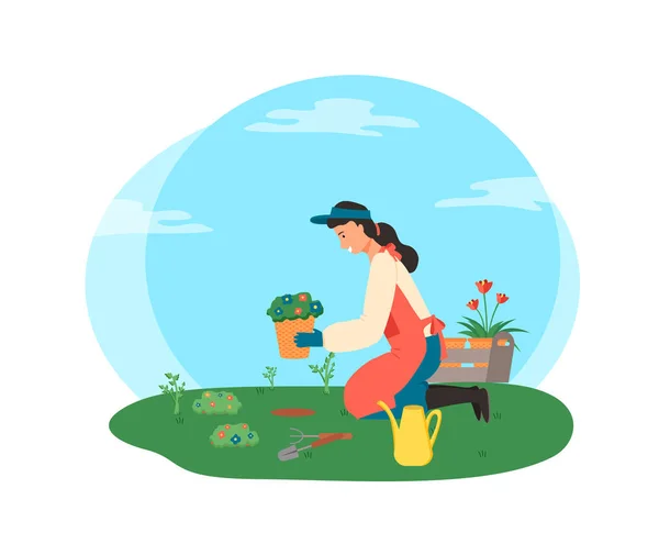 Женщина садоводство, леди с цветами в горшках вектор — стоковый вектор