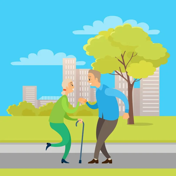 Old Man and Woman Dancing in Urban Park Vector — Stock Vector