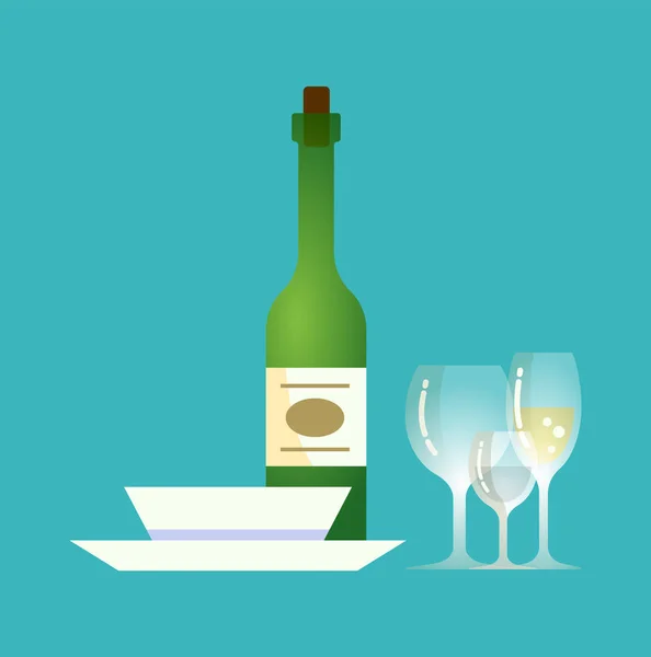 Botella de vidrio, platos Bebida alcohólica con emblema — Vector de stock