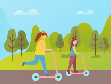 Anne ve Kızı Scooter Vector Park Sürme