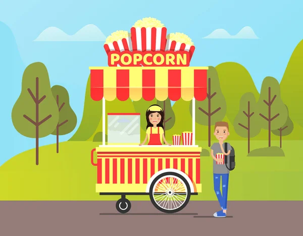 Popcorn-Stand mit Verkäufer und Lebensmitteleinkäufer — Stockvektor