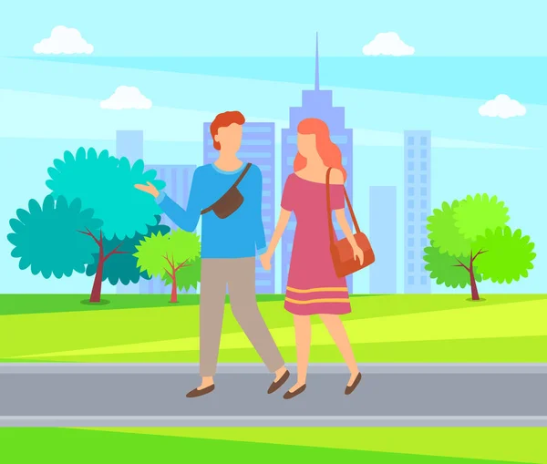 Молодий чоловік і жінка ходьба в міському парку вектор — стоковий вектор
