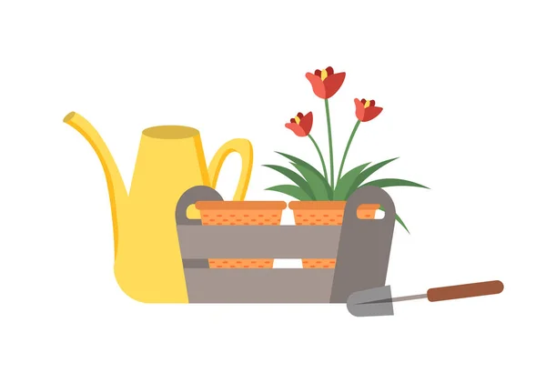 Cultivo de plantas en maceta, flor con instrumentos — Vector de stock