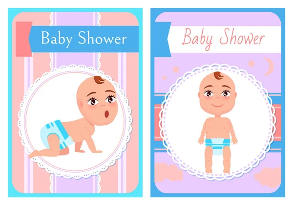 Baby-Shower-Poster, Neugeborenes auf allen Vieren stehend — Stockvektor