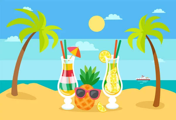 Praia de Verão com Cocktails e Abacaxi Palms — Vetor de Stock